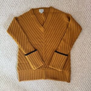 V-Neck Chunky Knit Mustard Wool Sweater